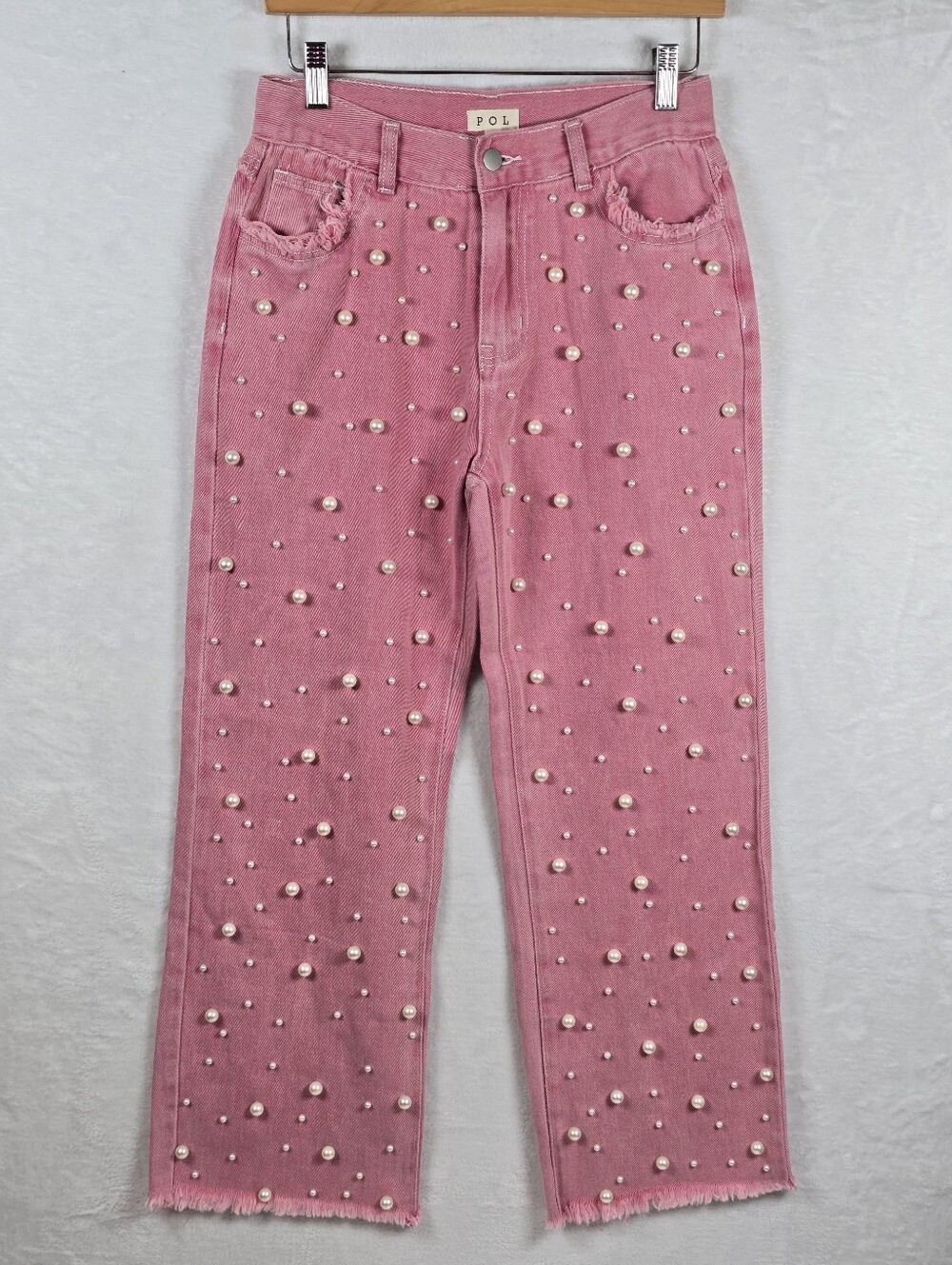POL Pink Pearl Embellished Jeans Women's Sz.S Frayed Raw Edges Cottagecore Artsy - Picture 2 of 16